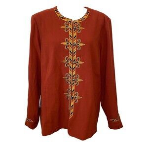 BOB MACKIE Wearable Art Women's L Blazer Jacket Fleur de Lis Burnt Orange Gold